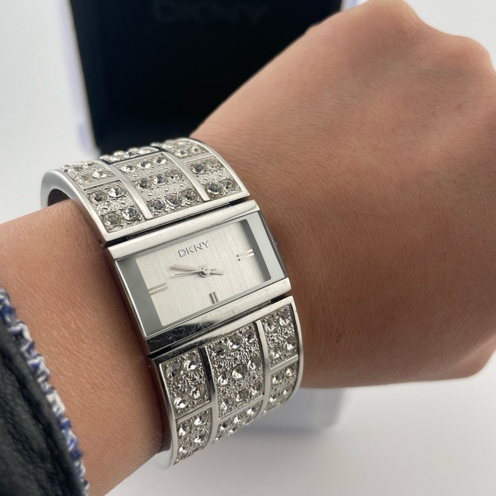 DKNY Crystal Pavé Cuff Watch Silver | Box + Link